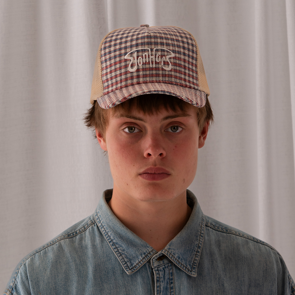 DONHER Americana Plaid Trucker Hat in red, white, and blue cotton-linen, tall-profile 5-panel, made in Los Angeles