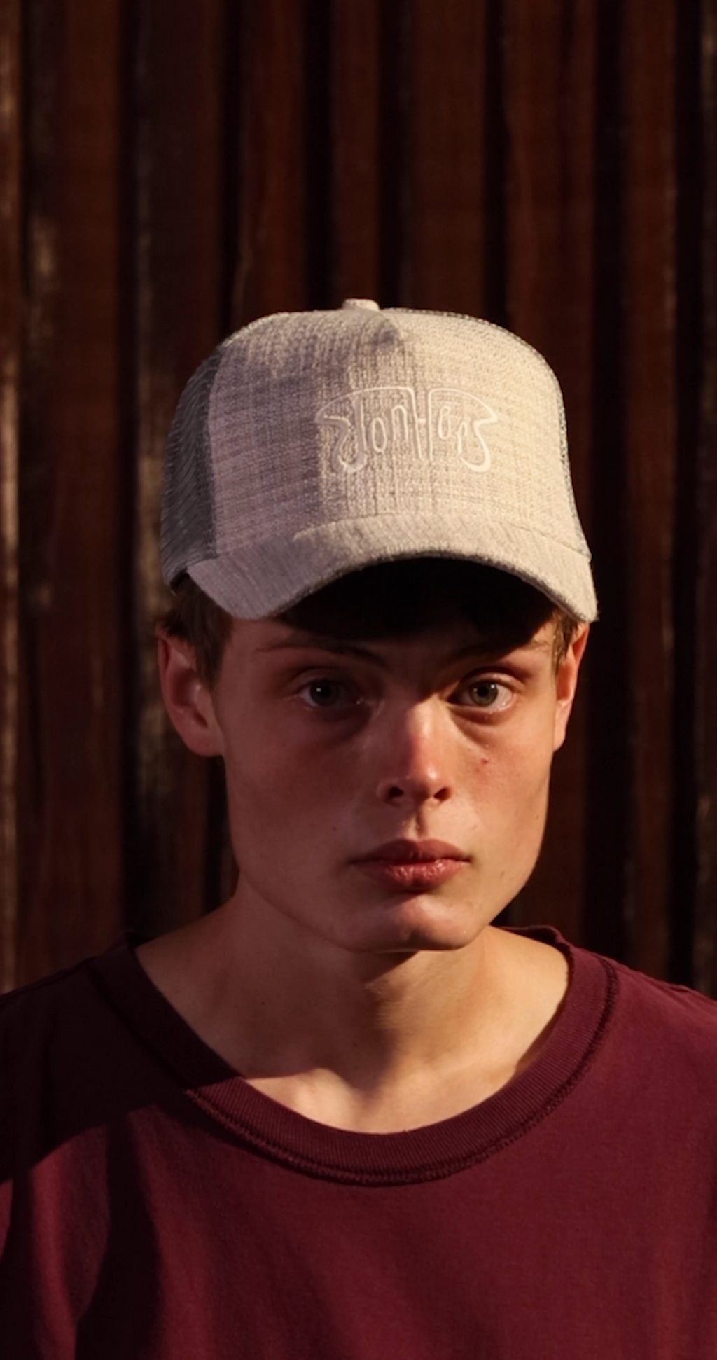 DONHER Dawn Grey Trucker Hat in 100% polyester, tall-profile 5-panel, made in Los Angeles