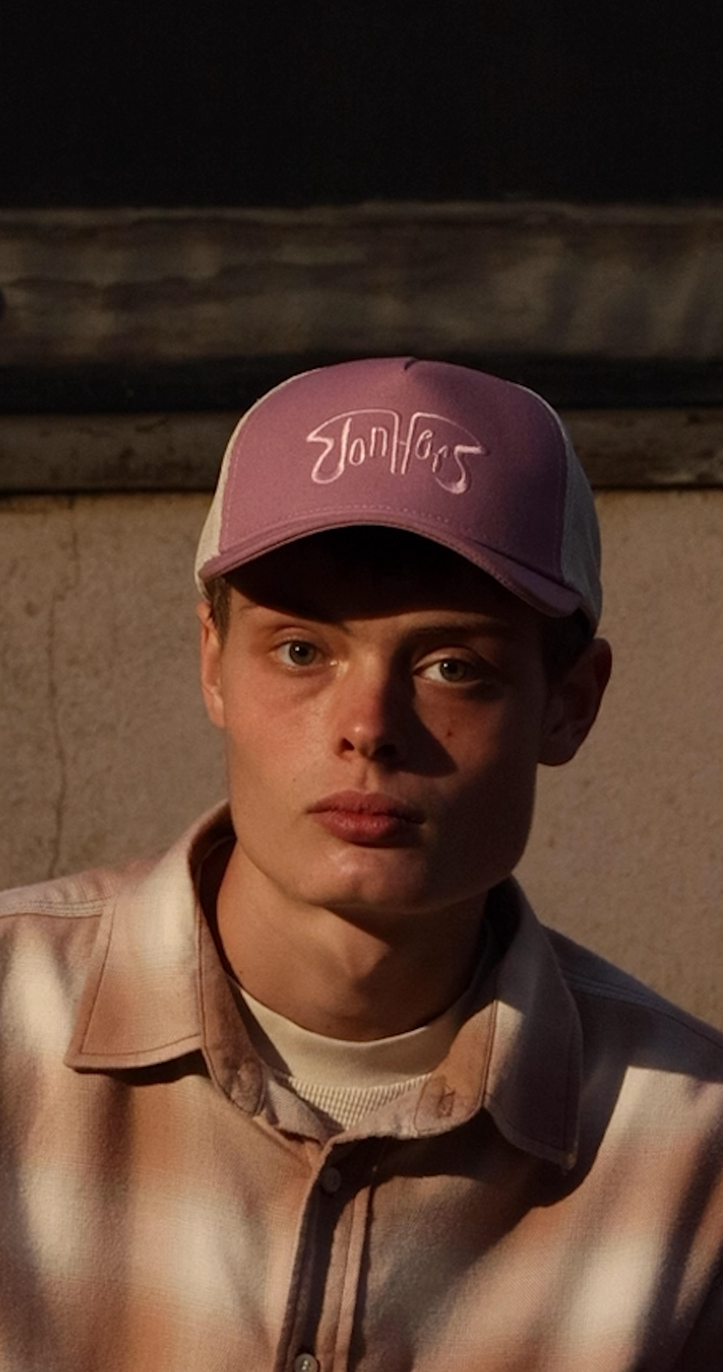 DONHER Purple Trucker Hat cut from vintage deadstock fabric, low-profile 5-panel, made in Los Angeles