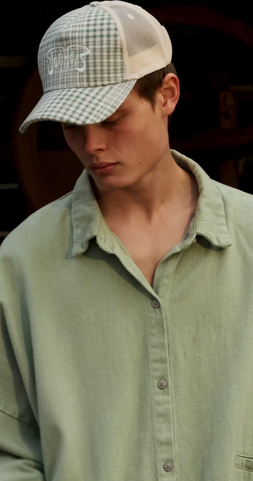 Green Plaid Trucker Hat — side view