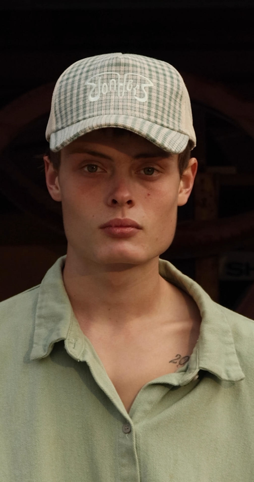 DONHER Green Plaid Trucker Hat in cotton-linen blend, low-profile 5-panel construction, made in Los Angeles